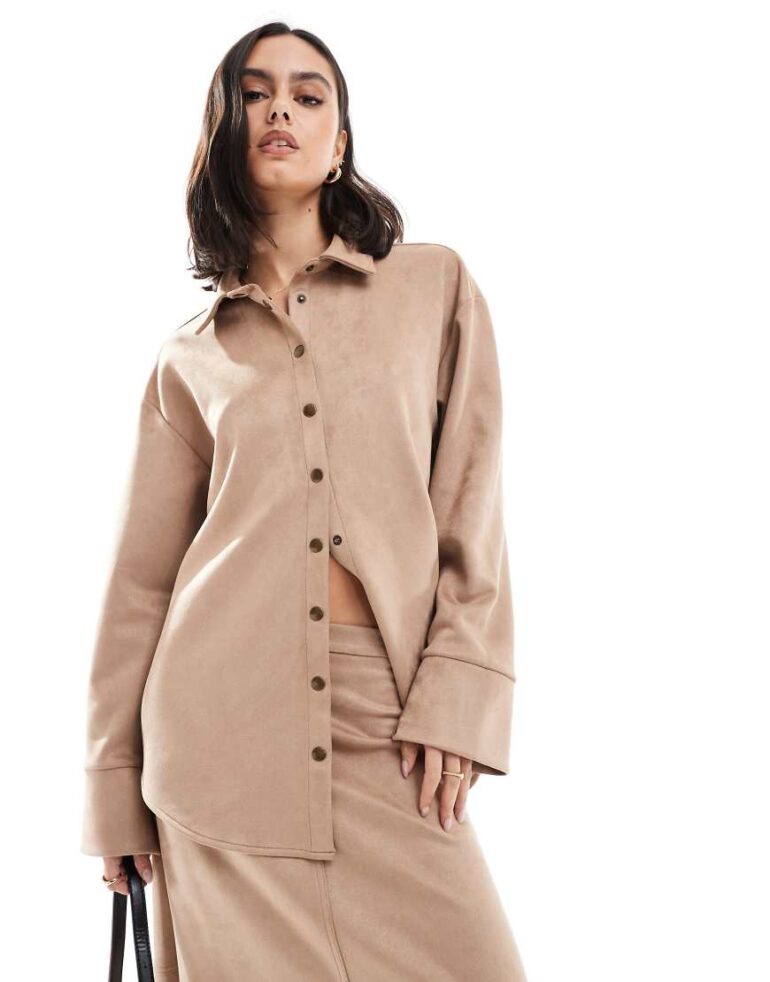 ASOS DESIGN faux suede oversized shirt in tan-Brown