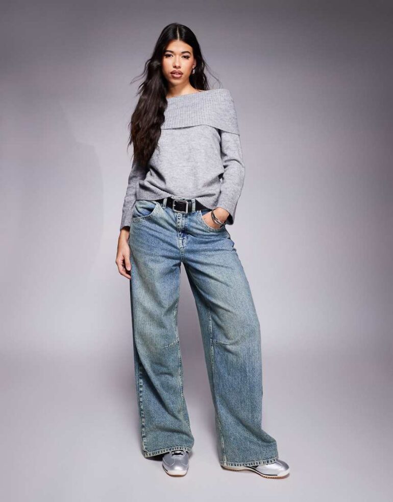 ASOS DESIGN fluffy off shoulder jumper with wide cuff in grey