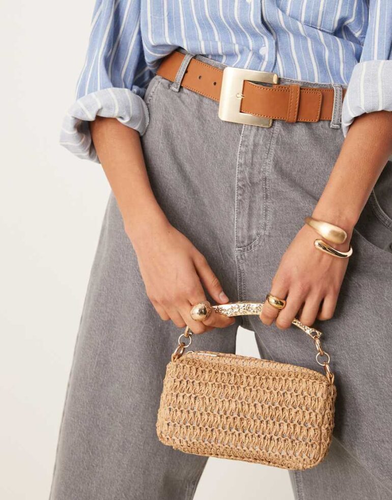 ASOS DESIGN hammered top handle straw grab bag with detachable crossbody strap-Neutral
