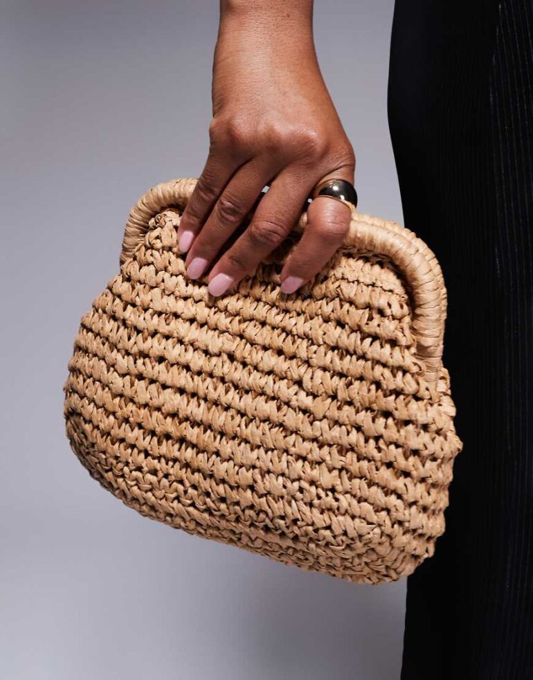 ASOS DESIGN hand crochet straw frame clutch bag with detachable crossbody strap-Brown