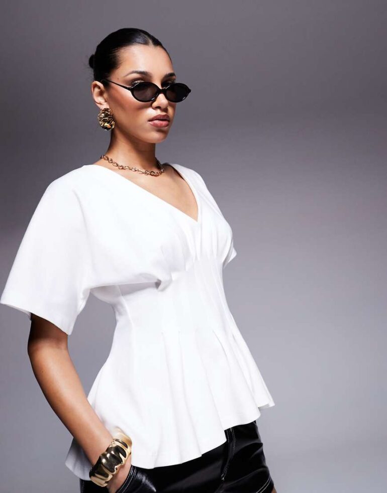 ASOS DESIGN interlock V neck tshirt with pleated waist in cream-Multi