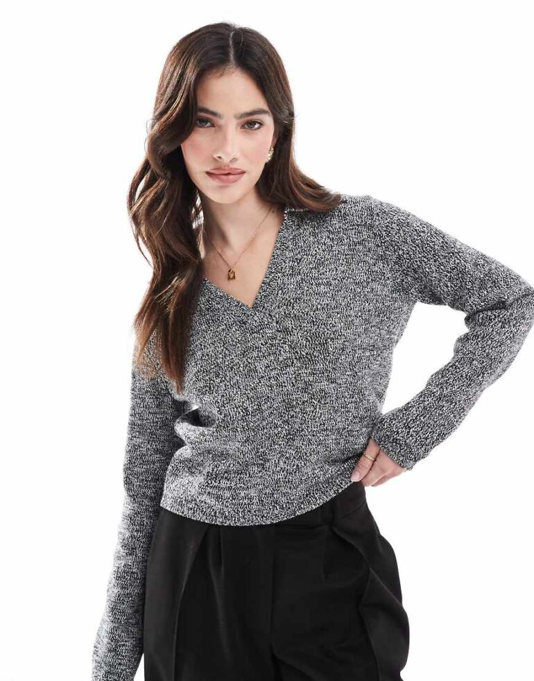 ASOS DESIGN knitted collar jumper in twist yarn in mono-Multi