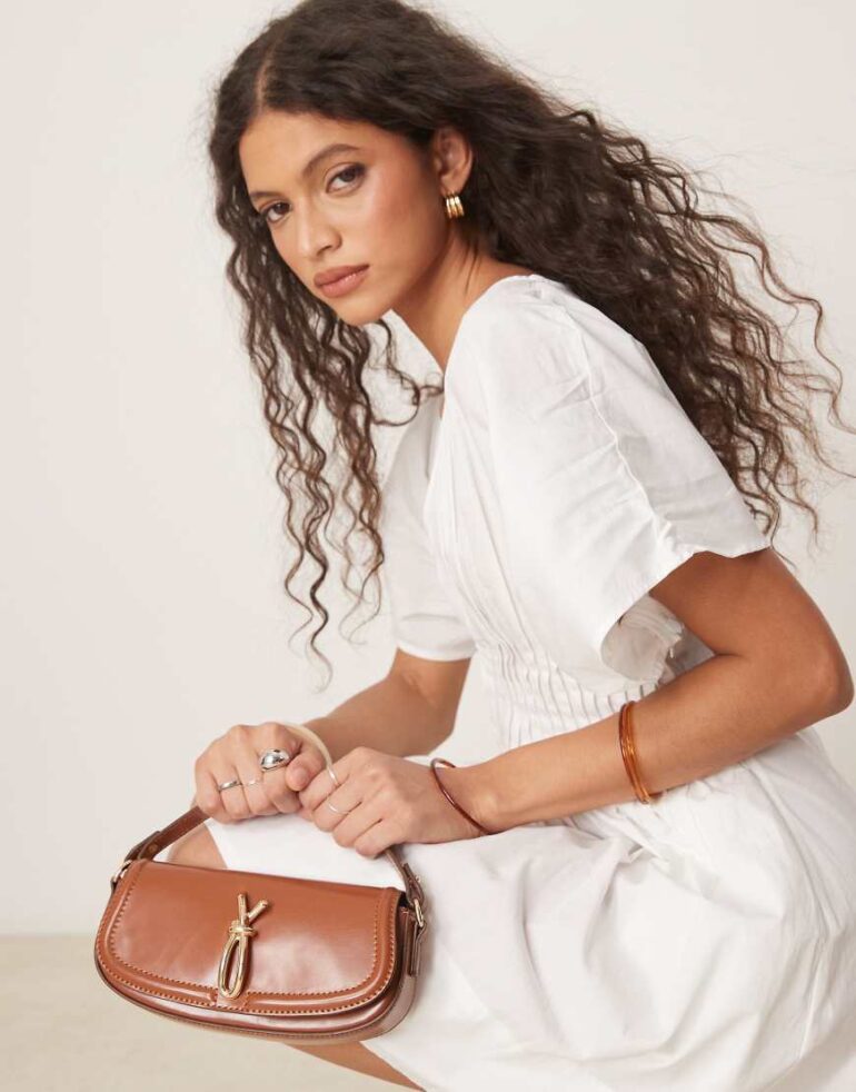 ASOS DESIGN knot hardware detail grab top bag with detachable crossbody strap in tan-Brown