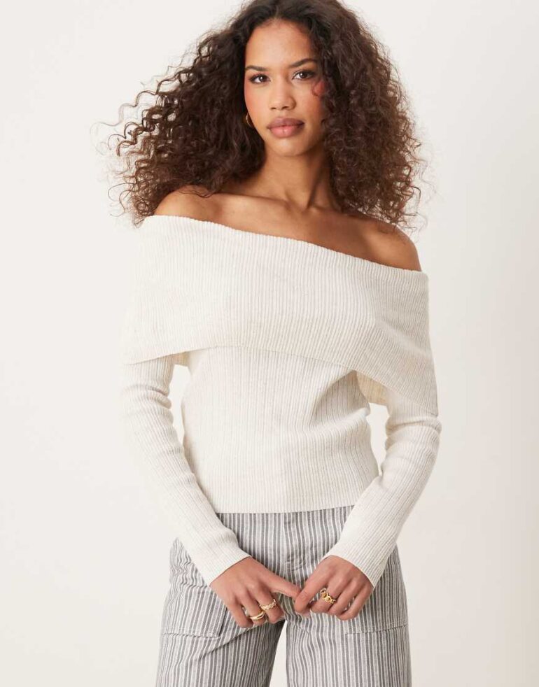 ASOS DESIGN linen blend knitted bardot top in cream-White