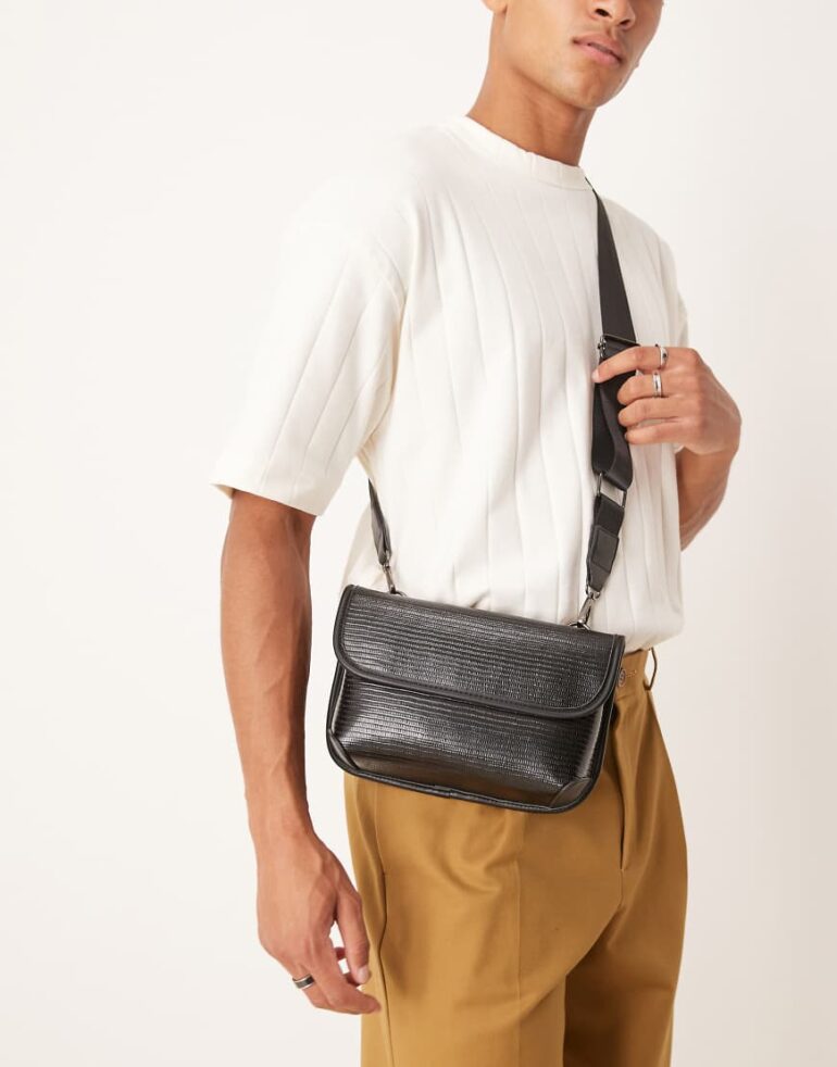 ASOS DESIGN lizard faux leather crossbody in black