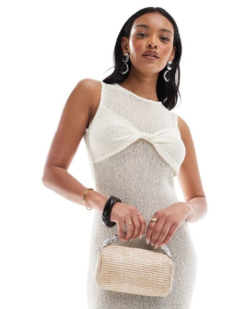 ASOS DESIGN metallic top handle straw crossbody bag in silver