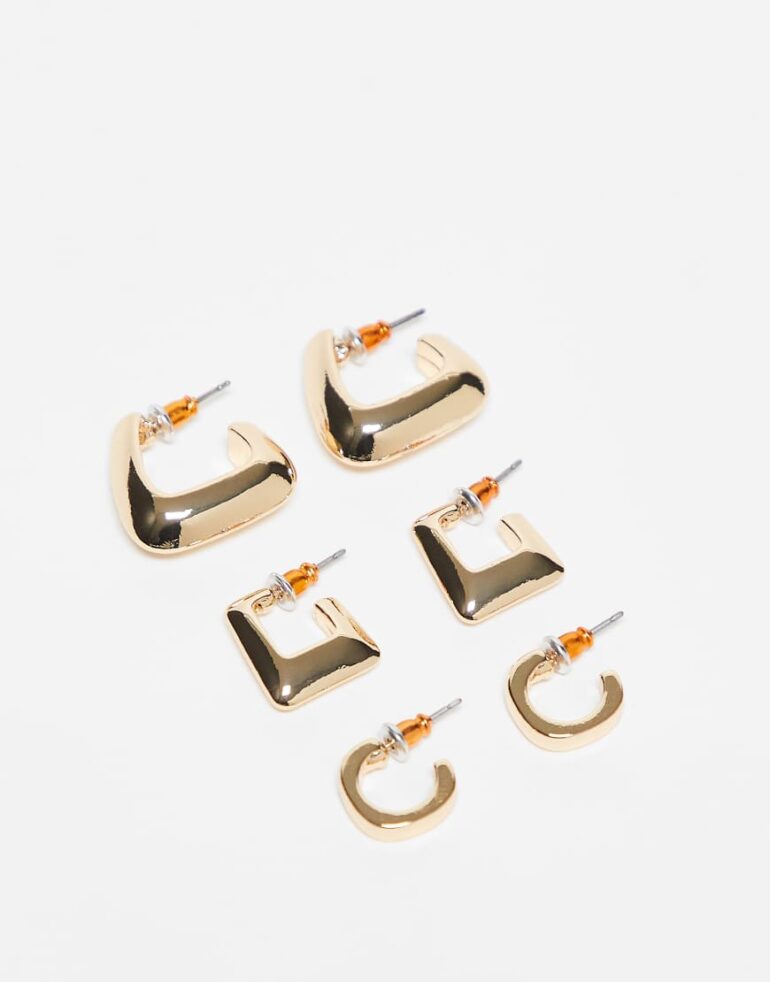 ASOS DESIGN pack of 3 hoop earrings with mixed design in gold tone