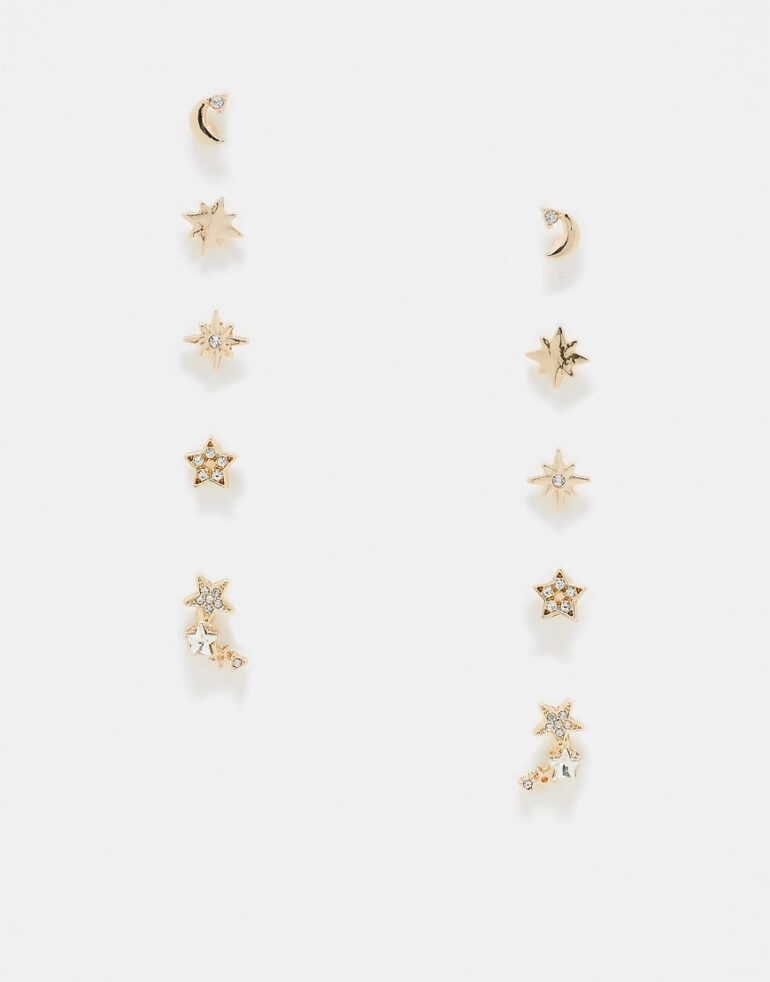ASOS DESIGN pack of 5 stud earrings with celestial detail in gold tone