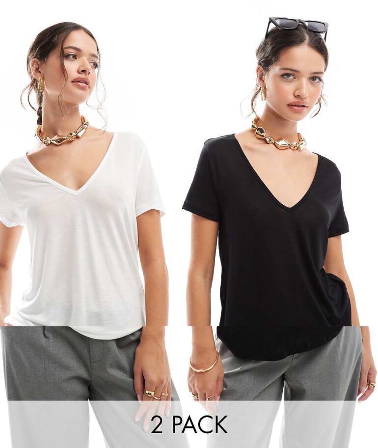 ASOS DESIGN relaxed v neck t-shirt in 2 pack in black and white-Multi