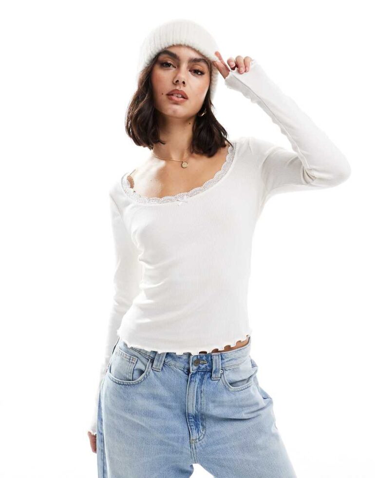 ASOS DESIGN scoop neck lace detail long sleeve t-shirt in cream-Multi