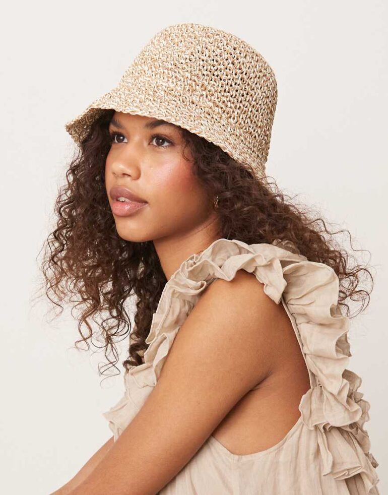 ASOS DESIGN straw packable mix knit crochet bucket hat-Neutral
