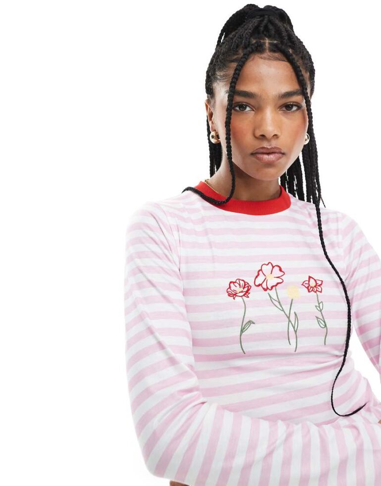 ASOS DESIGN stripe fitted top with contrast ringer and floral embriodery in pink