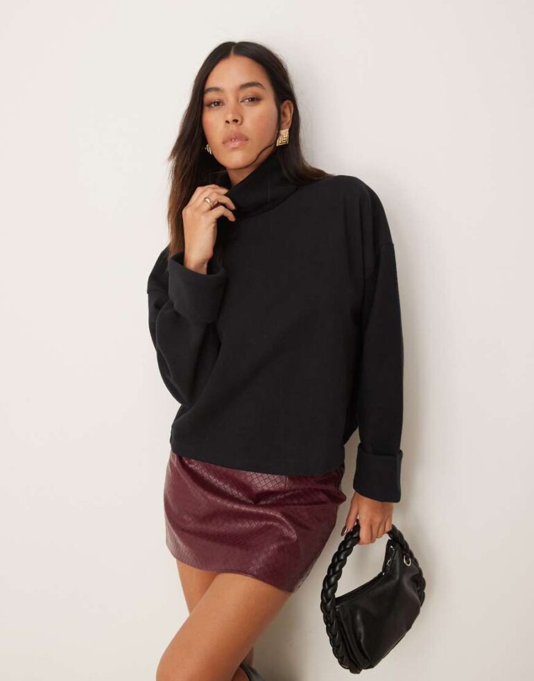 ASOS DESIGN supersoft roll neck jumper with cuff detail in black - BLACK
