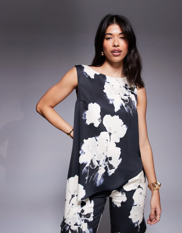 ASOS DESIGN tailored satin asymmetric drape top co-ord in floral print-Multi