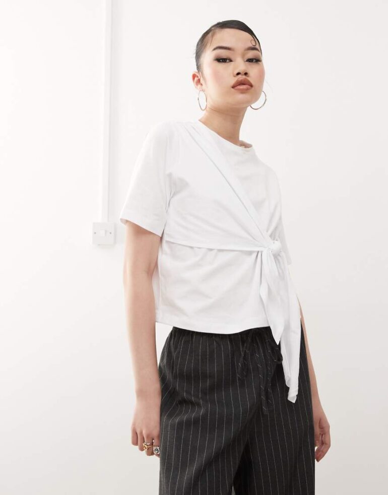 ASOS DESIGN tie front boxy tee in white