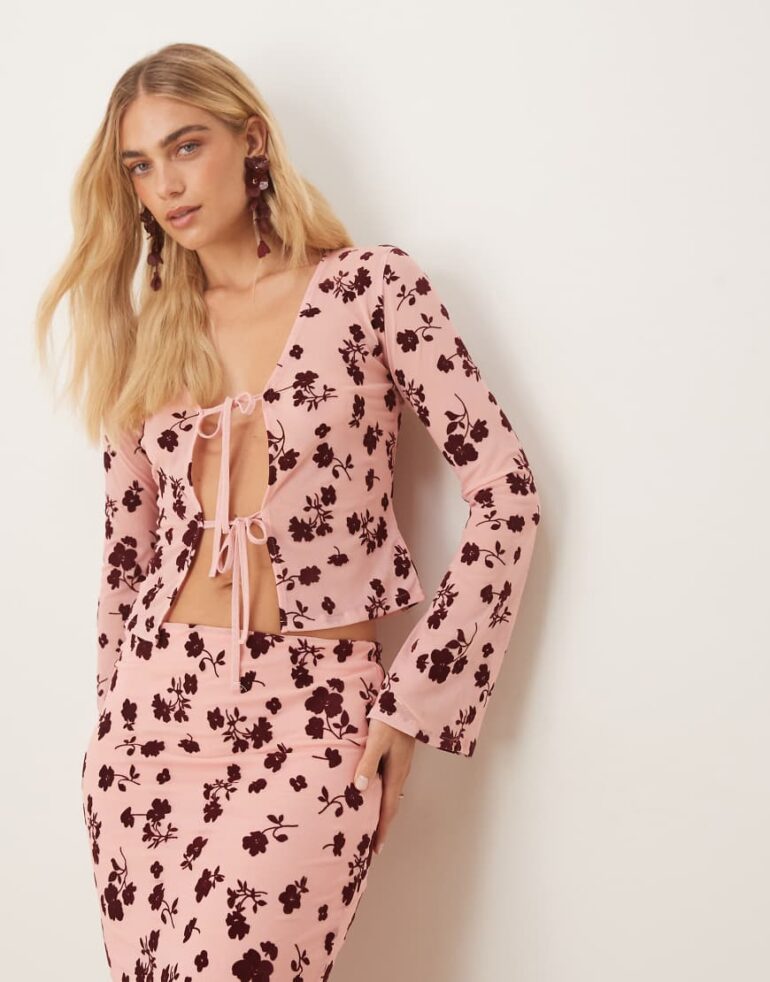 ASOS DESIGN tie front floral flocked sheer top co ord in pink