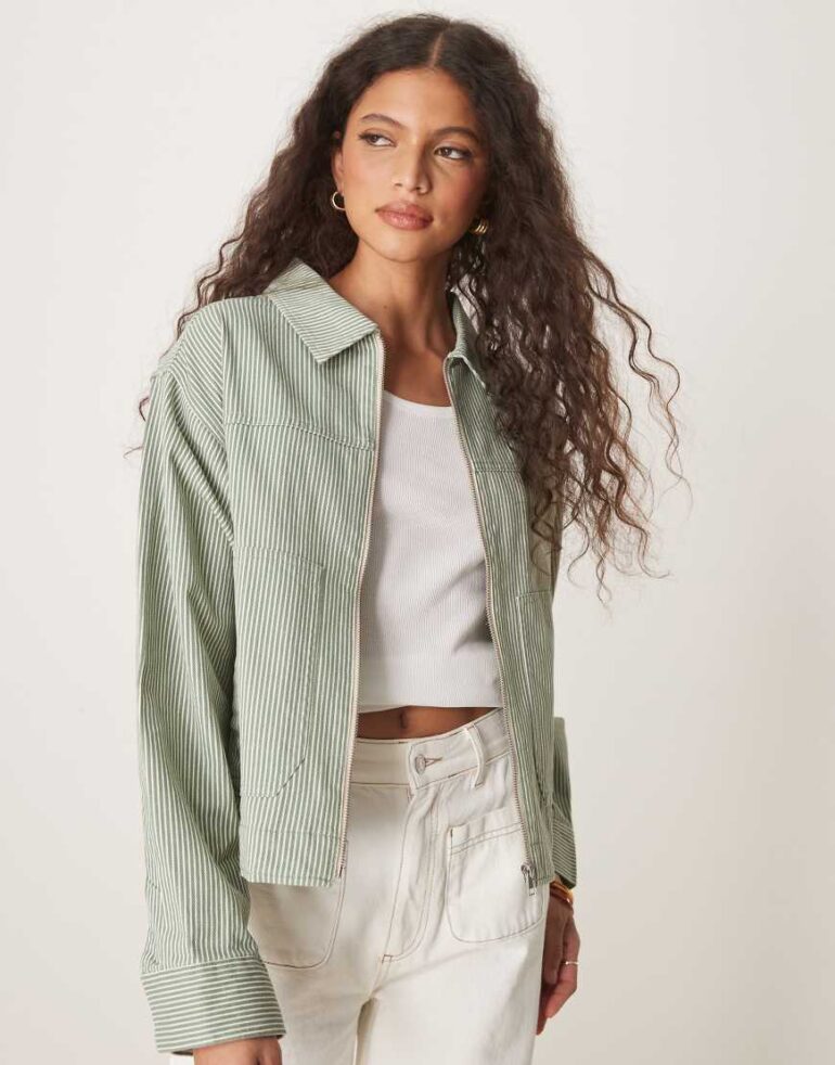 ASOS DESIGN twill top collar jacket in stripe-Multi