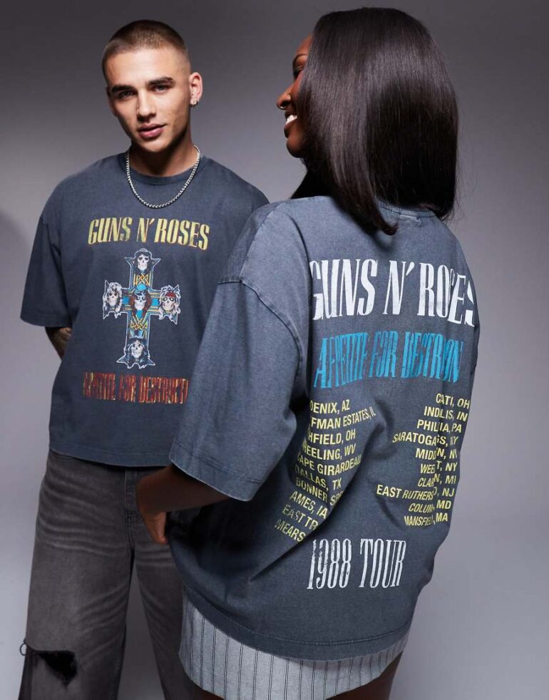 ASOS DESIGN unisex boxy oversized license t-shirt with Guns N Roses Tour prints in washed black