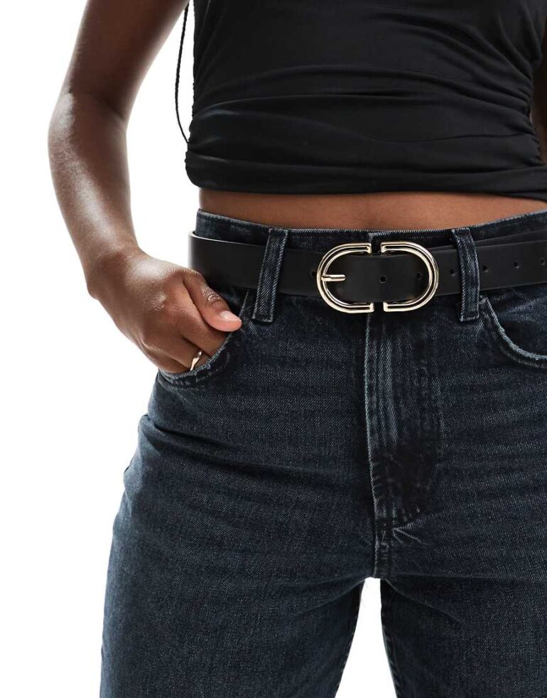 ASOS DESIGN waist and hip jeans belt with gold buckle in black - BLACK