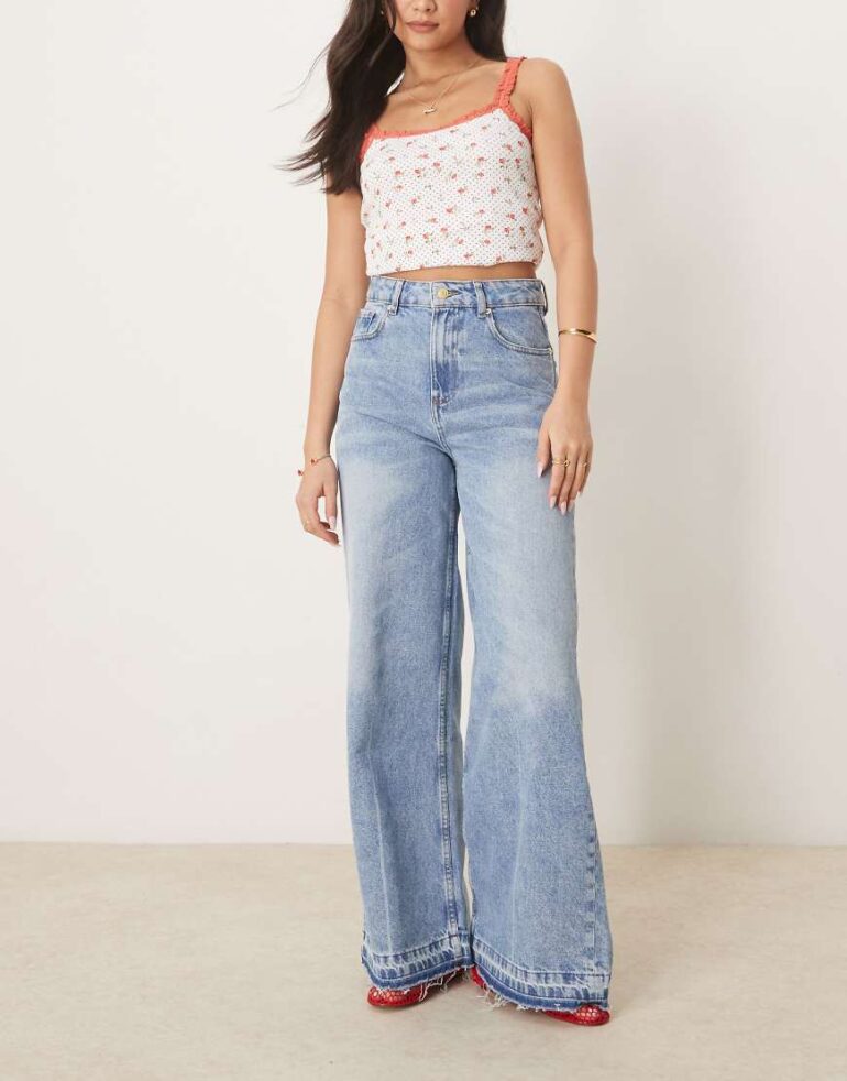 ASOS DESIGN wide leg jean with let down hem in pale wash-Blue