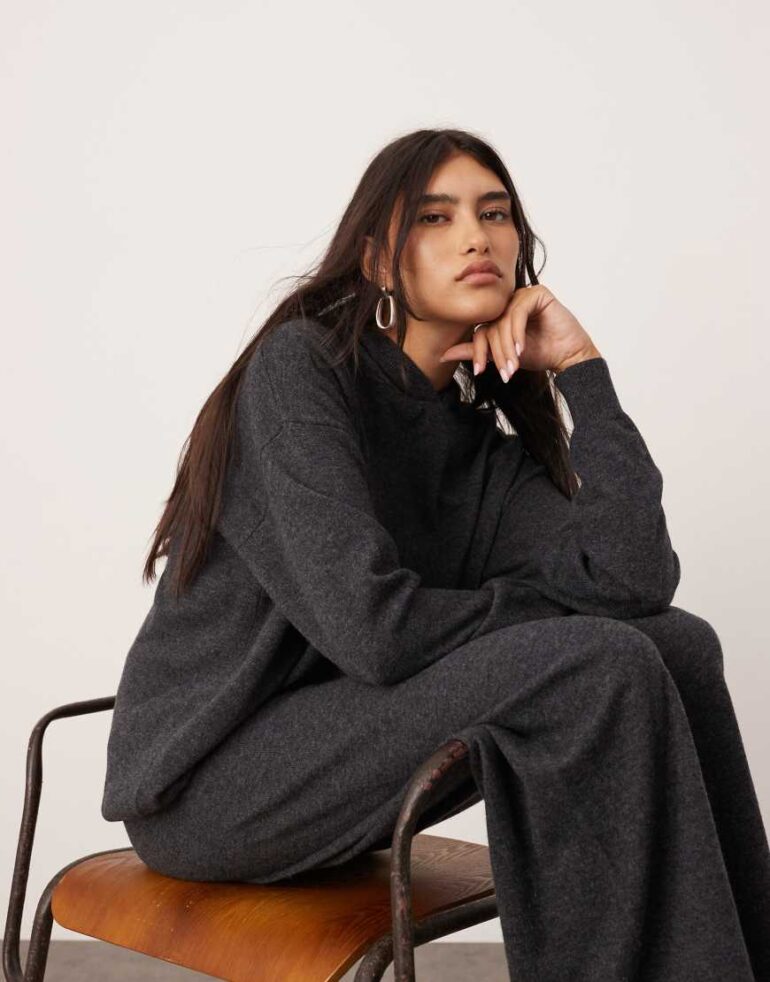 ASOS EDITION premium cashmere blend knit hooded jumper co-ord in charcoal-Grey