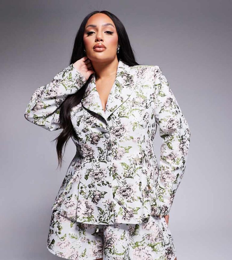 ASOS LUXE Curve co-ord jacquard lace up blazer in vintage floral-Multi