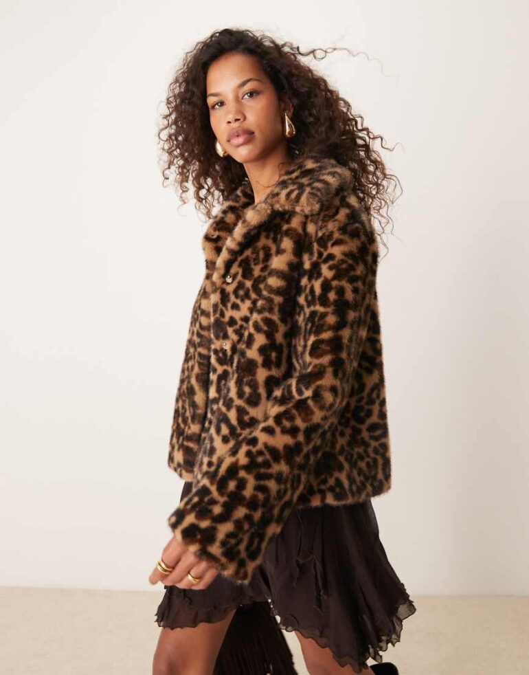 Abercrombie & Fitch collared borg jacket in leopard print-Multi