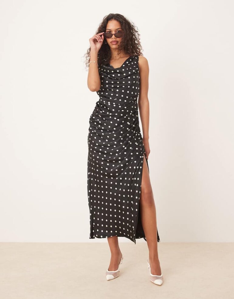 Abercrombie & Fitch cowl neck drape maxi dress in black dot