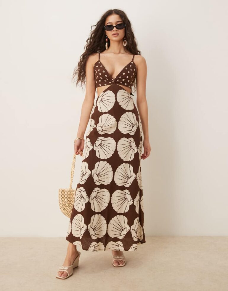 Abercrombie & Fitch spaghetti strap cutout slip maxi linen dress in brown print