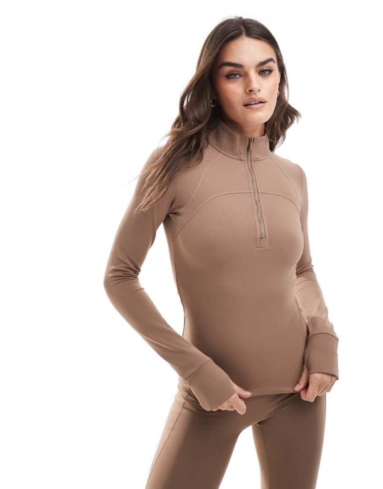 Agon Half zip long sleeve top in cocoa-Neutral