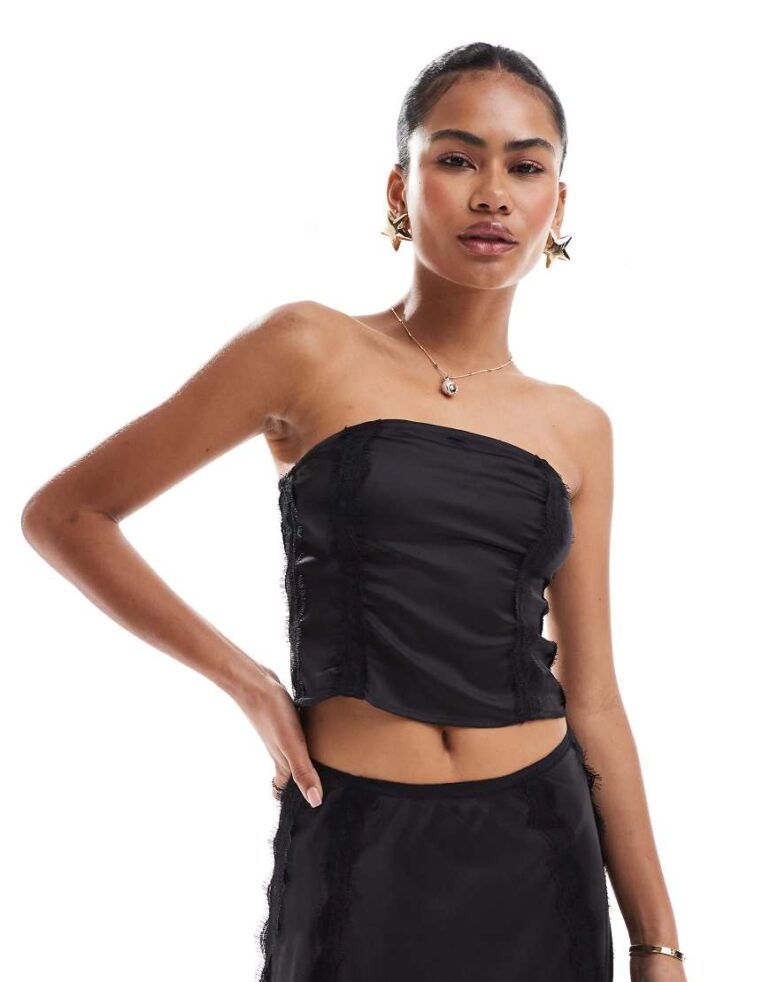 AllSaints Morgan strapless satin and lace top co-ord in black