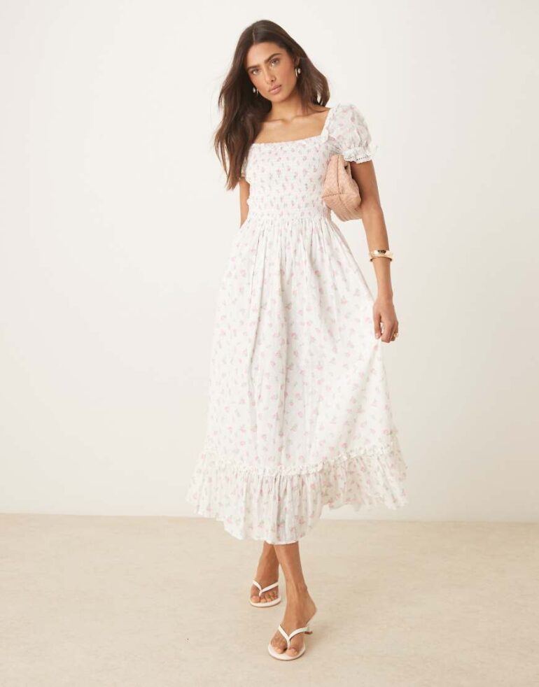Amy Jane London Angeline shirred bodice maxi dress in pink rosebud-Multi