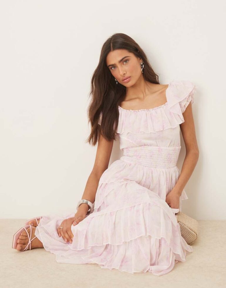 Amy Jane London Aurelia tiered maxi dress with shirred waist in pink floral