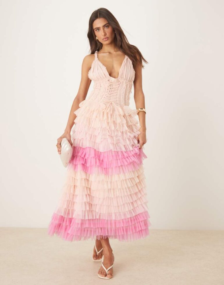 Amy Jane London Iris tulle frill corset midi dress in pink ombre