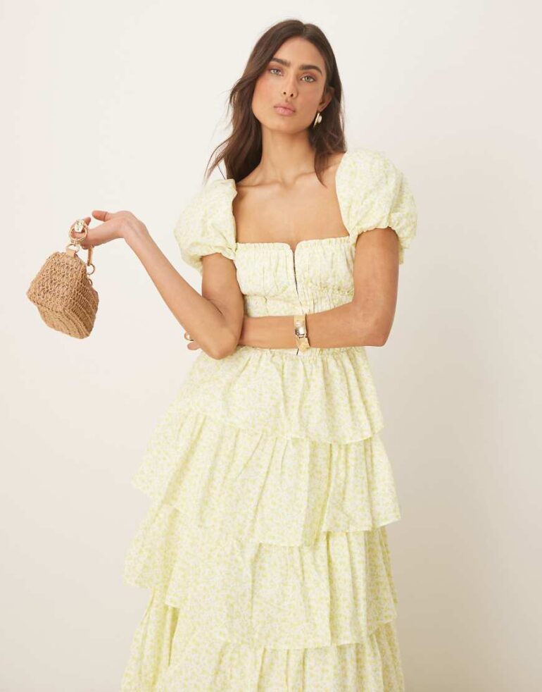Amy Jane London Rosalie corset tiered maxi dress in lemon ditsy-Yellow