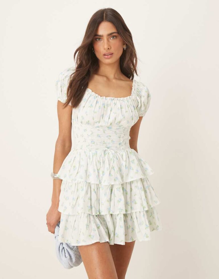 Amy Jane London Wisteria corset waist tiered mini dress in rosebud-Multi