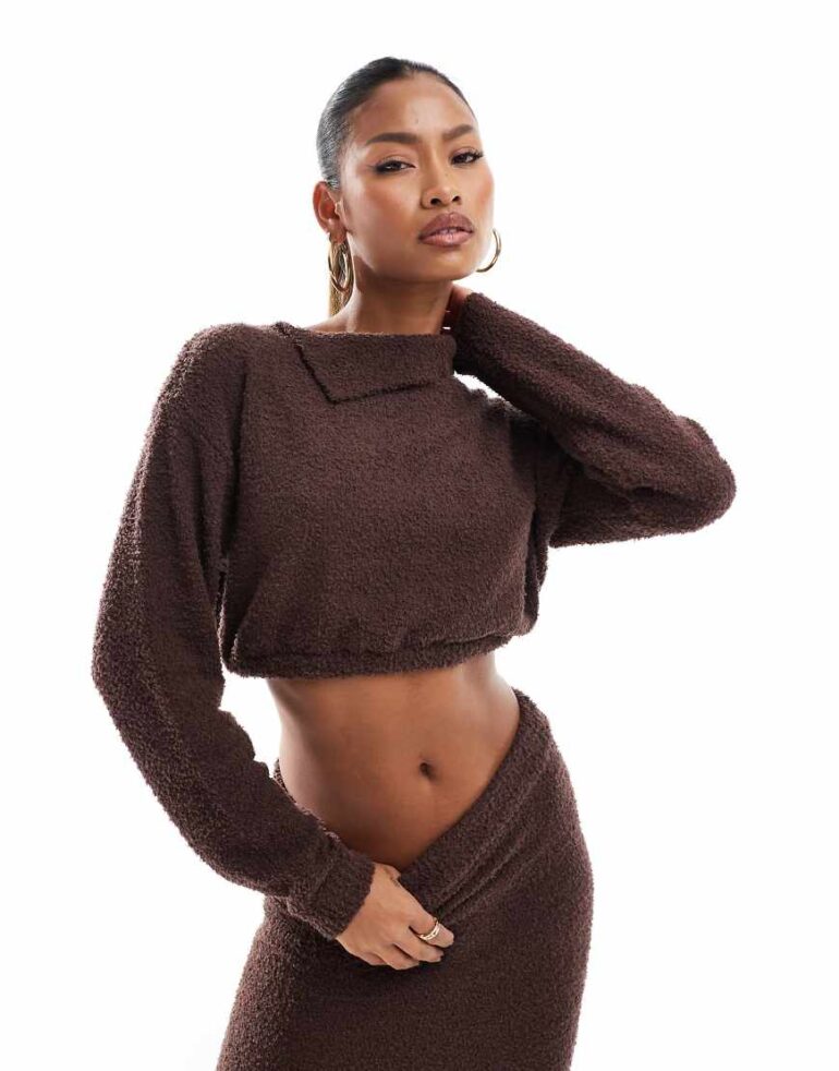 Aria Cove boucle slash neck cropped jumper co-ord in chocolate-Brown