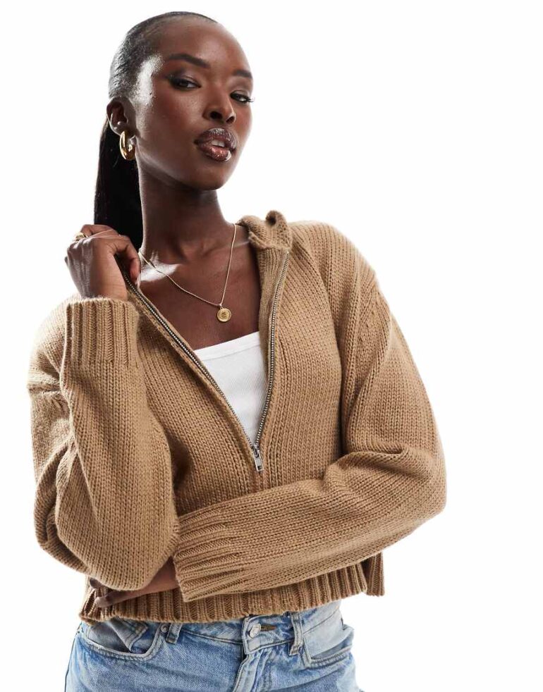Aria Cove cropped knitted zip through hoodie in camel-Brown