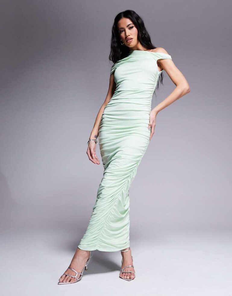 Aria Cove double layered slinky ruched off shoulder maxi dress in pistachio-Green
