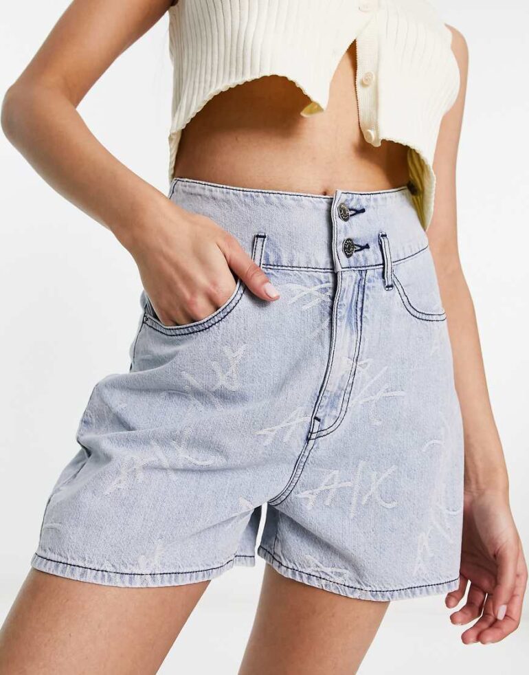 Armani Exchange high waisted denim shorts in blue