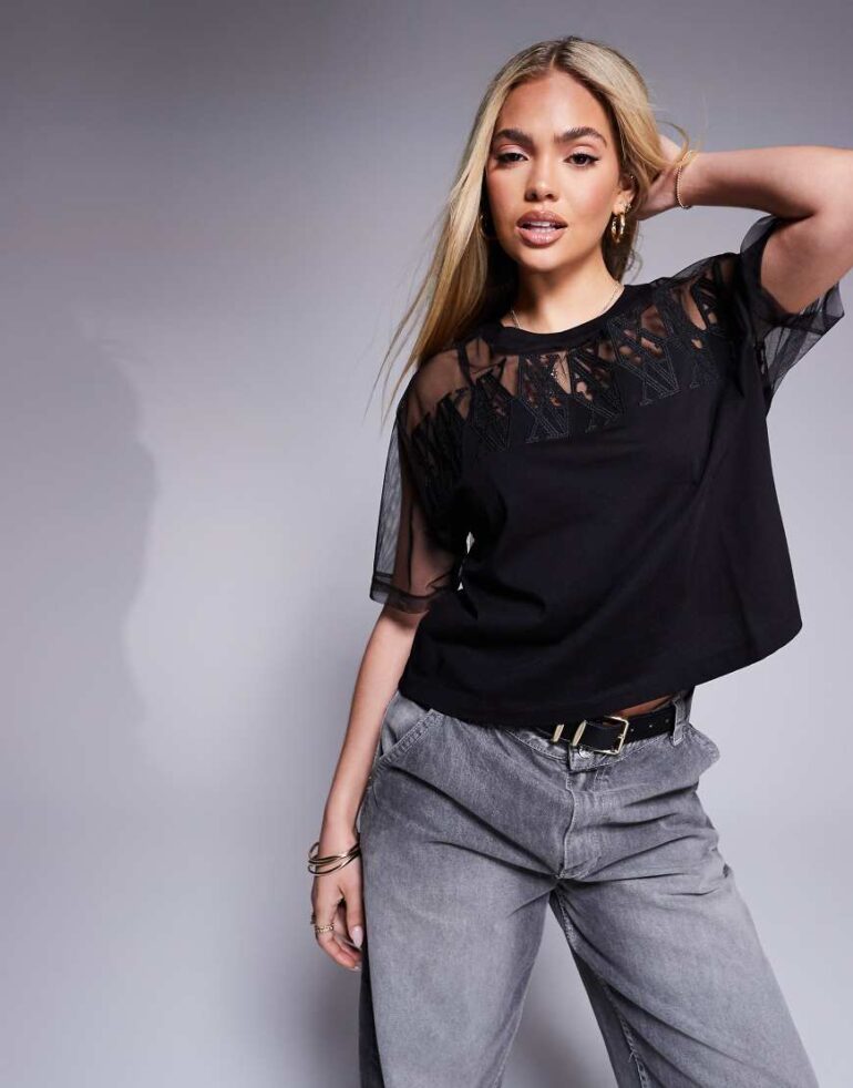 Armani Exchange mesh logo boxy t-shirt in black