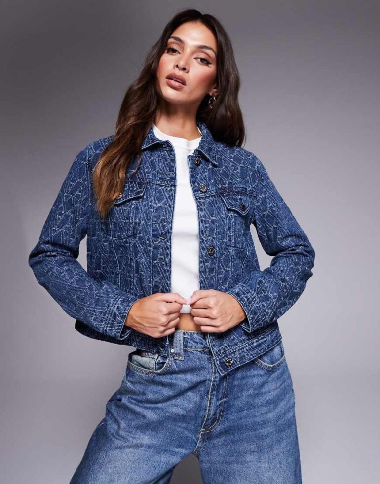 Armani Exchange monogram denim jacket in mid blue