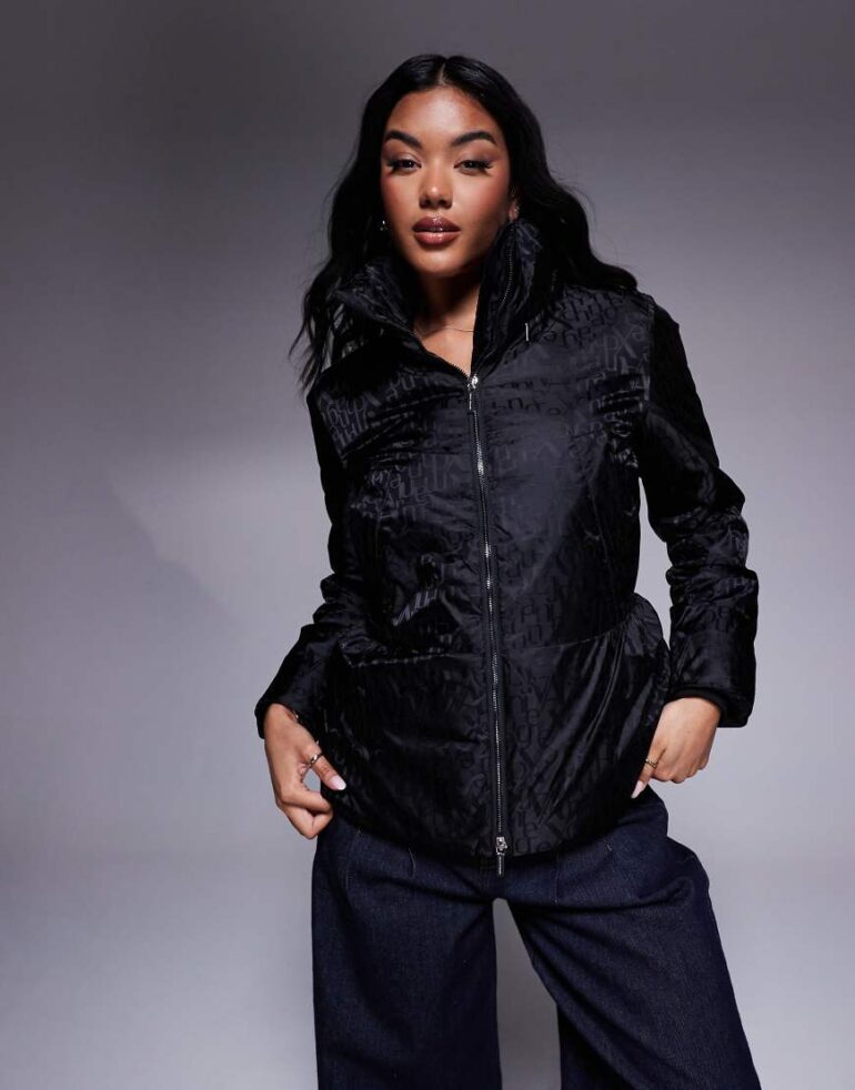 Armani Exchange padded coat with all over logo print in black