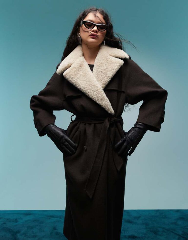 BIMBA Y LOLA longline wool coat with detachable collar in brown