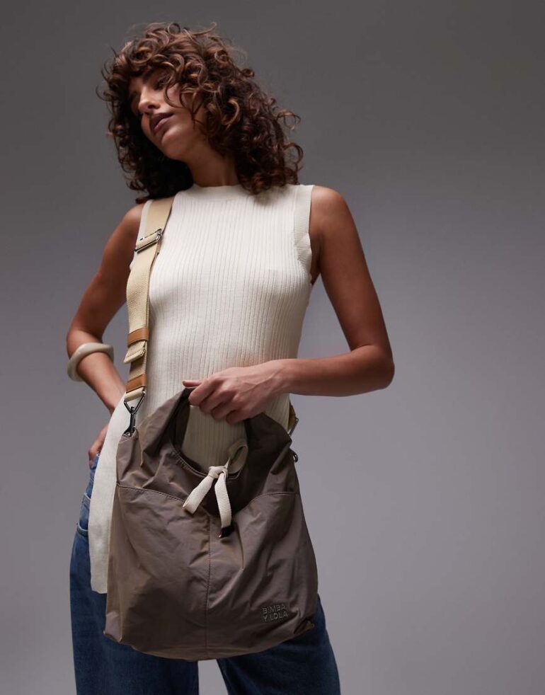 BIMBA Y LOLA slouchy tote bag with removable strap in mink-Brown