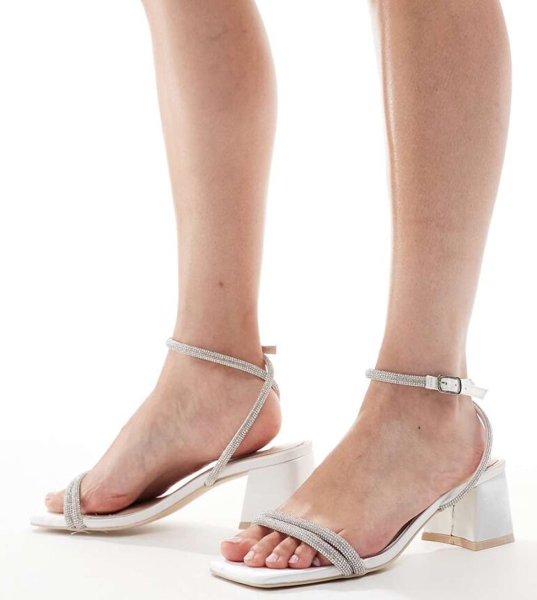 Be Mine Wide Fit Bridal Chaya low block heeled sandals with embellished straps in ivory-White