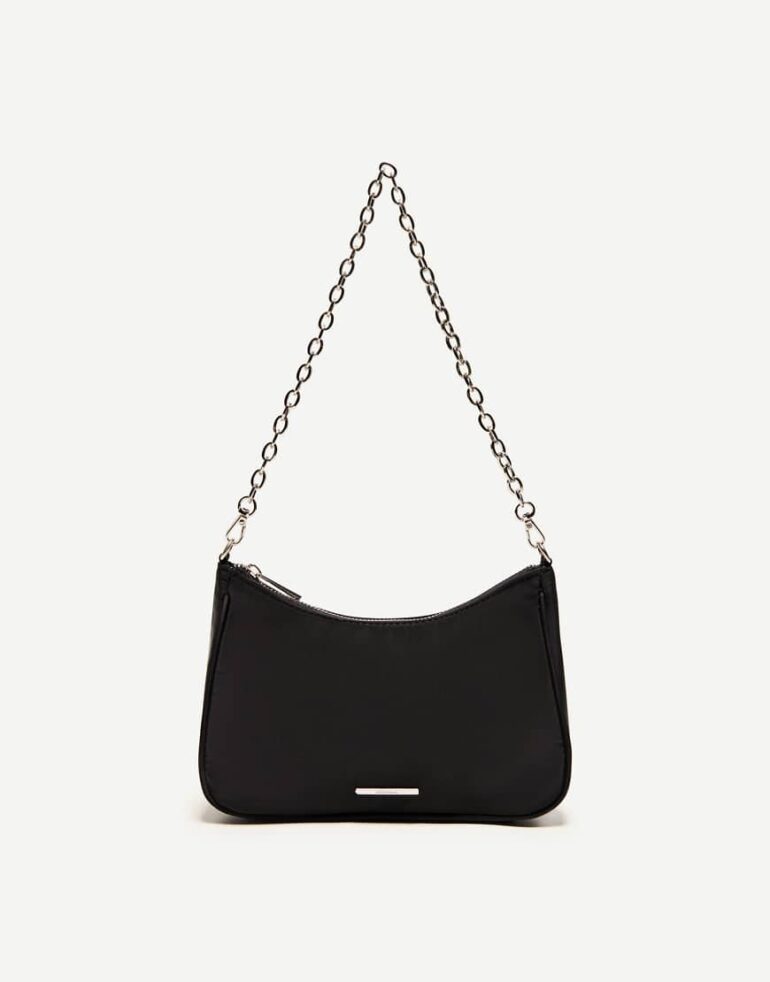 Bershka satin crossbody bag with chain in black