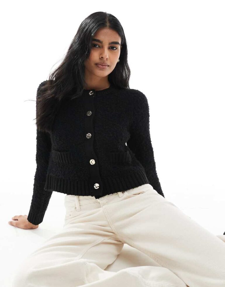 Brave Soul Button through boucle cardigan in black