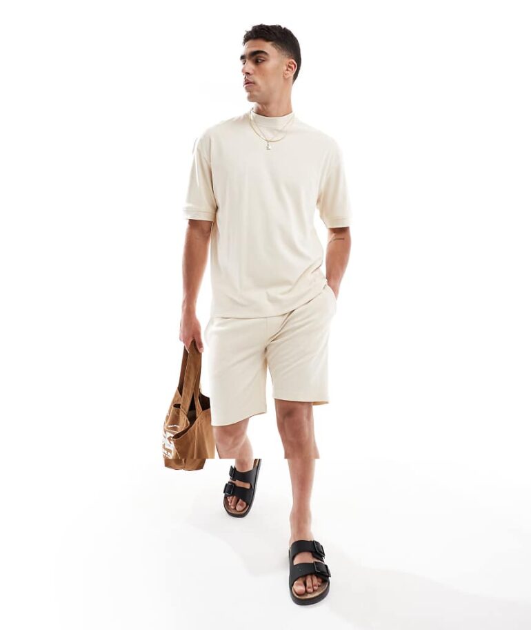 Brave Soul cotton blend t-shirt and shorts co-ord set in stone-Neutral