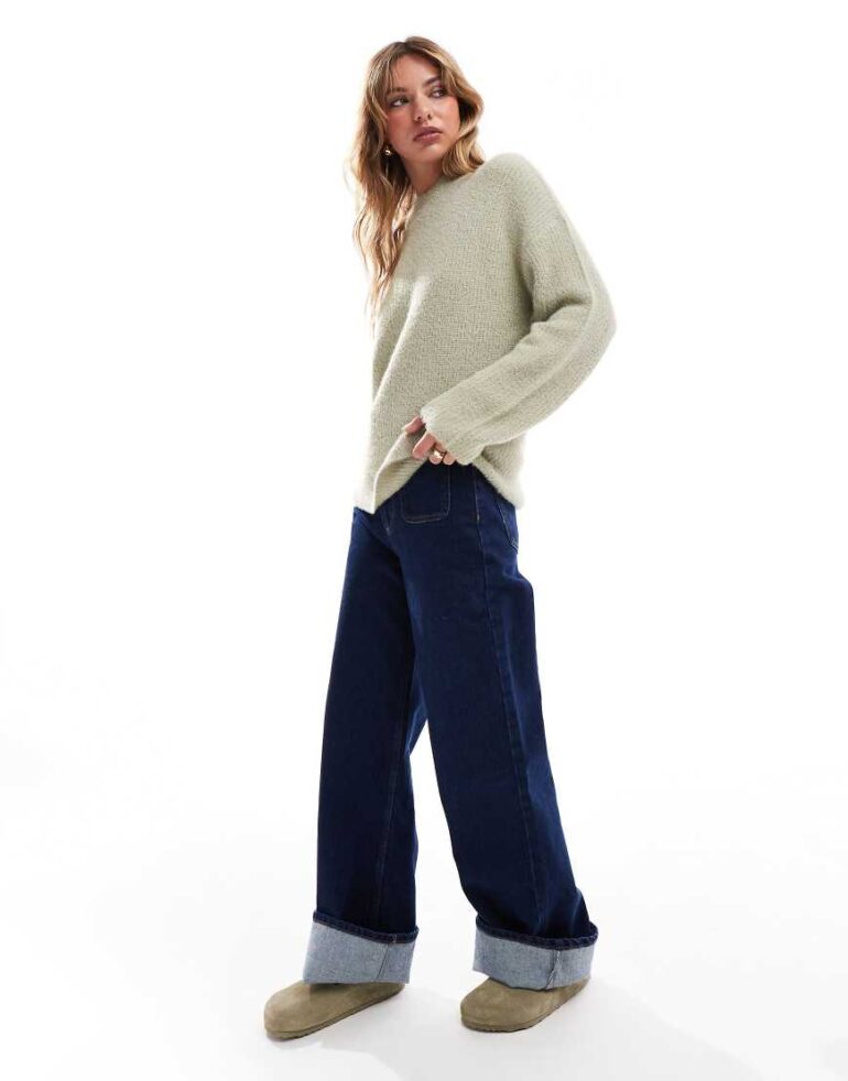 Brave Soul crew neck jumper in light sage-Green